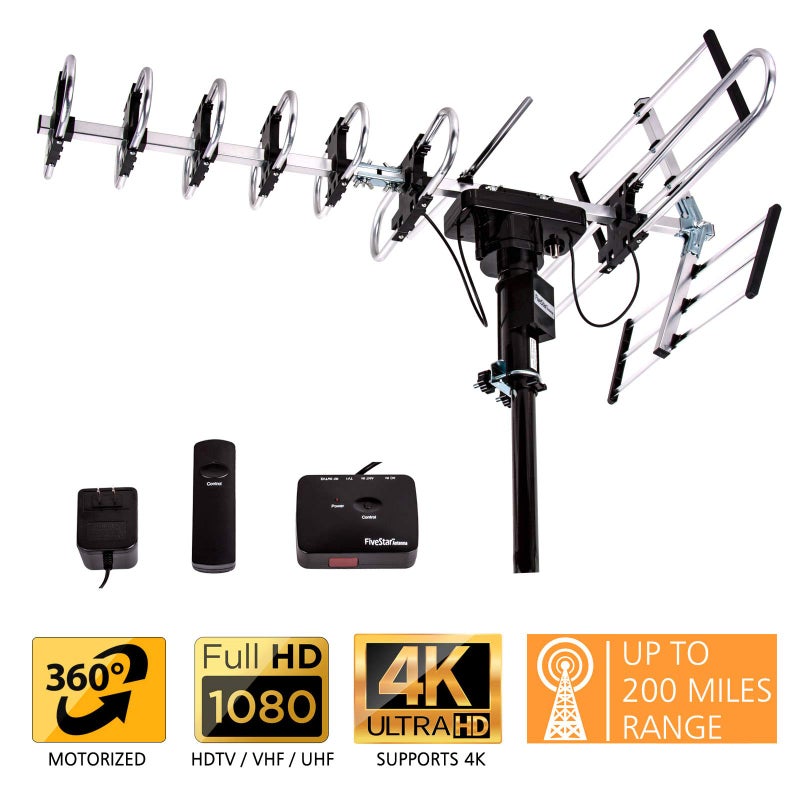 Five Star Outdoor Digital Amplified HDTV Antenna - up to 200 Mile Long Range, Directional 360 Degree Rotation by Remote Control, HD 4K 1080P FM,Support 5 TVs Plus Installation Kit - Image 2